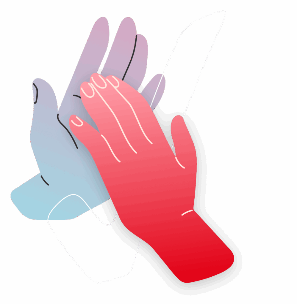 Eine Illustration zweier Händer, die klatschen. Die vordere Hand ist in Rottönen gehalten, die hintere Hand in Blautönen. Zwischen den Händen ist eine transparente, nur leicht weiß umrandete Illustration eines Häkchens zu sehen.