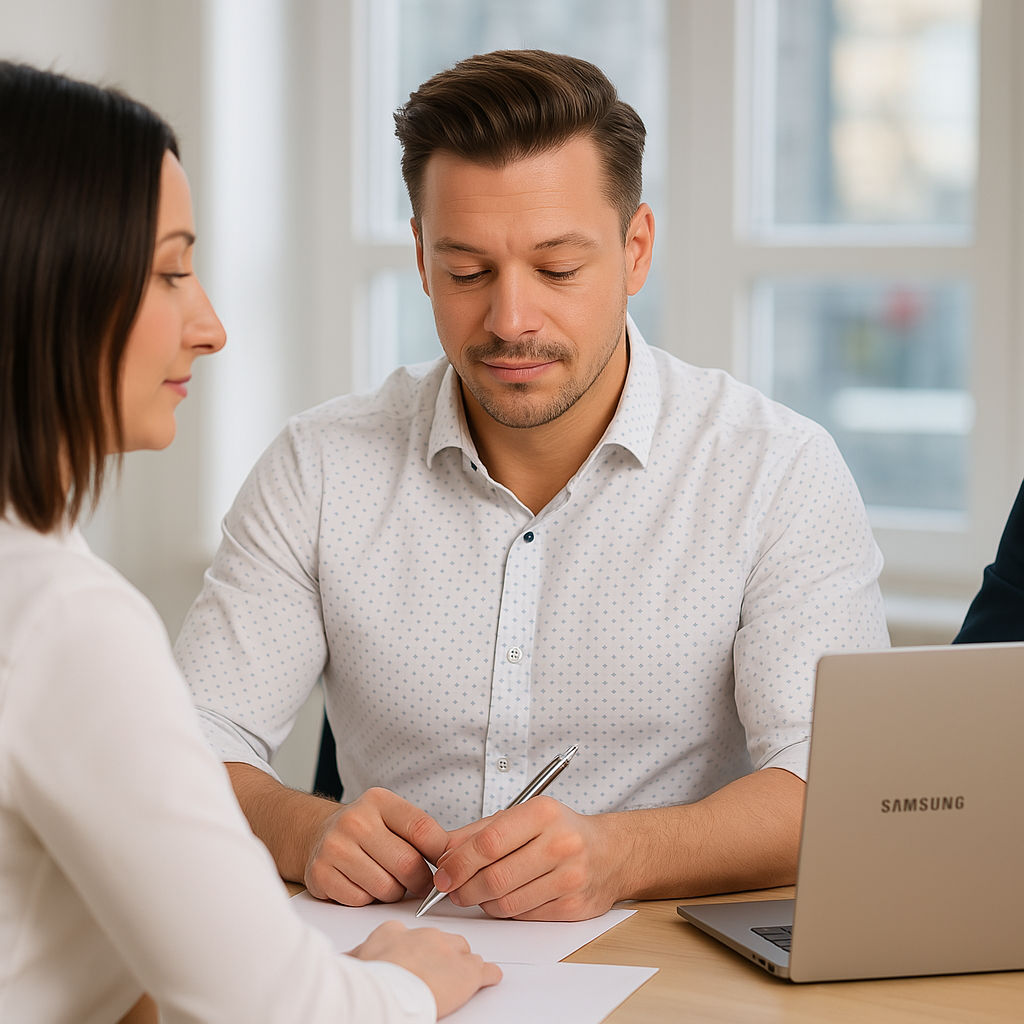 Drei beruflich gekleidete Personen sitzen an einem hellen Holztisch in einem modernen Büro. Eine Frau und ein Mann schauen gemeinsam auf ein Dokument, während der Mann mit einem Stift in der Hand konzentriert wirkt. Ein geöffneter Laptop steht vor ihm. Im Hintergrund sorgen große Fenster für natürliches Licht.